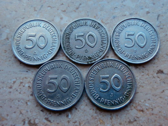 Набор все монетные дворы Германии: 50 пфеннигов A D G F J.