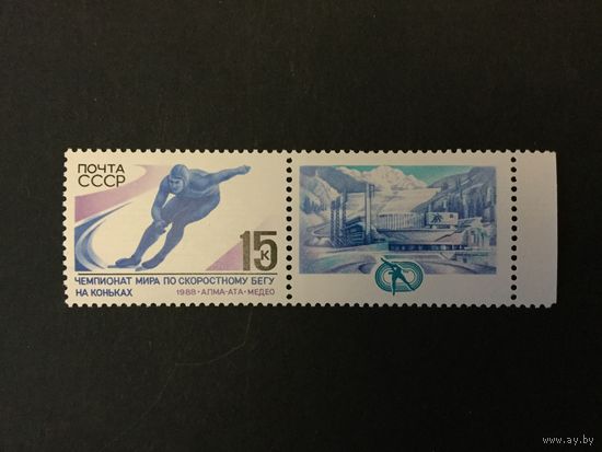 Чемпионат мира по бегу на коньках. СССР,1988, марка с купоном