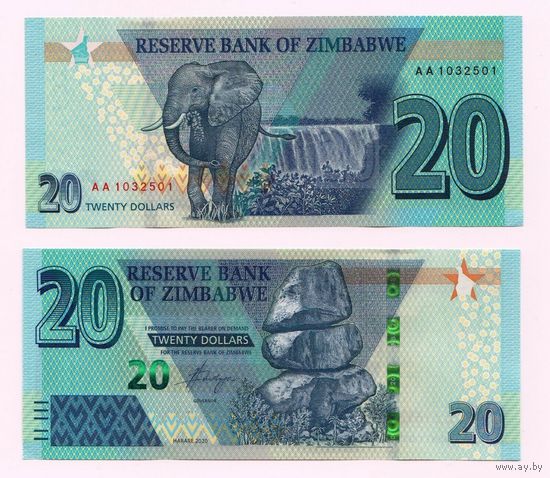 Зимбабве 20 долларов образца 2020 года UNC