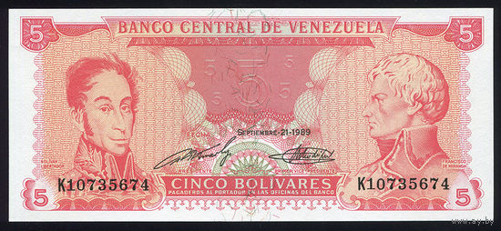 VENEZUELA/Венесуэла_5 Bolivares_21.09.1989_Pick#70.b_UNC