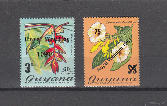 Королевская свадьба. Флора. Орхидеи. Гайана. 1981. 2 марки с надпечаткой и переоценкой. Michel N 677-678 (9,8 е)