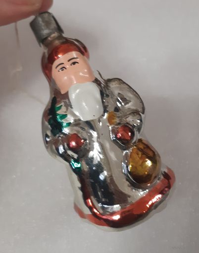 Игрушка ёлочная Дедушка Мороз с подарками (серебро), стекло. СССР
