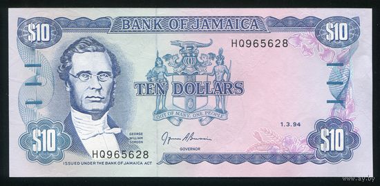Ямайка 10 долларов 1994 г. P71e. Серия HQ. UNC