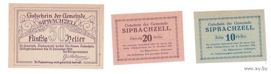 Австрия Сипбахцелл комплект из 3 нотгельдов 1920 года. Состояние UNC-/UNC!
