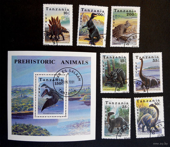 Танзания 1991 г. Динозавры. Фауна, полная серия из 7 марок + Блок #0138-Ф1