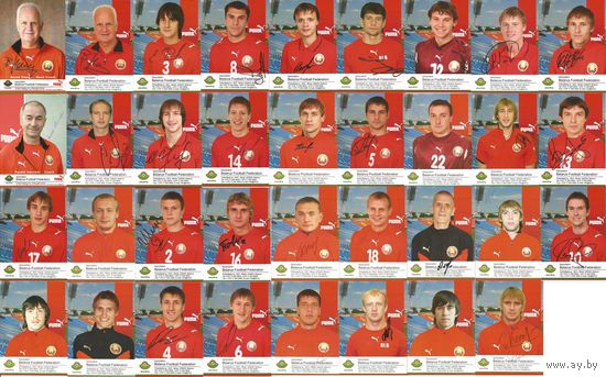 Лот больших карточек(35шт.) с живыми автографами игроков и тренеров Национальной сборной Беларуси 2008г.