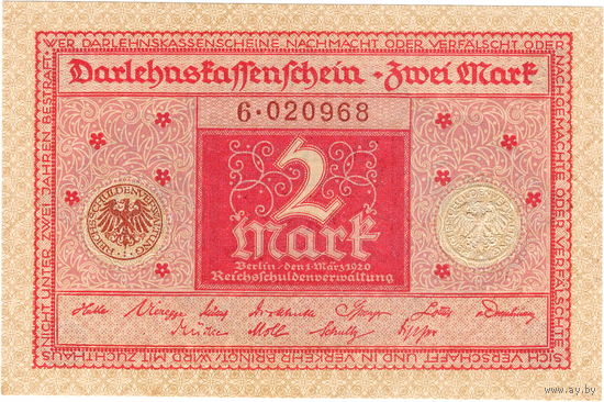 Германия, 2 марки, 1920 г., UNC