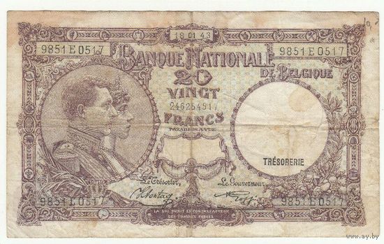 Бельгия 20 франков 1943 года. Дата 18 января. Тип Р 111. Редкая!