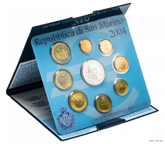 Сан-Марино 2004 год. 1, 2, 5, 10, 20, 50 евроцентов, 1, 2 и 5 Евро. Официальный набор монет в буклете с серебром "Бартоломео Боргези"