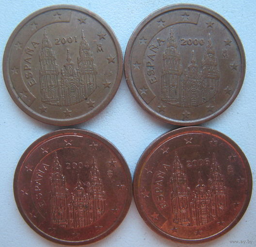 Испания 2 евроцента 2000, 2001, 2003, 2004, 2006 гг. Цена за 1 шт.