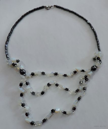 Бусы-ожерелья из натуральных камней "Гематит и др. (лунный и оникс)". Длина 45 см.