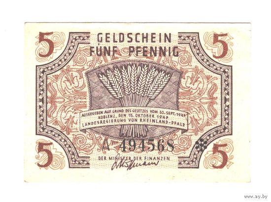 Германия 5 пфеннигов 1947 года. RHEINLAND-PFALZ. Тип PS-1004. Состояние аUNC!