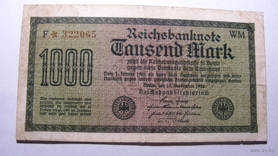Германия Ro75i . 1000 марок. ( Номер - светло - коричневые   цифры.)