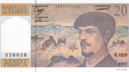 Франция, 20 франков (Дебюсси), 1990 г. UNC-