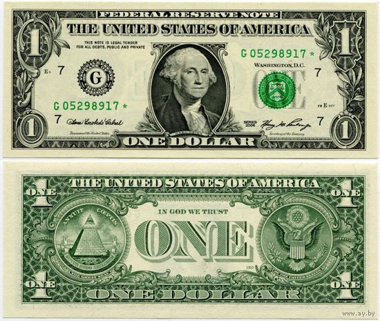 США. 1 доллар (образца 2006 года, G, Иллинойс, P523, номер со звездой *, UNC)
