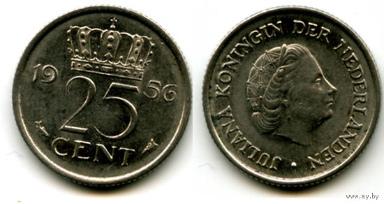 Нидерланды 25 центов 1956 качество