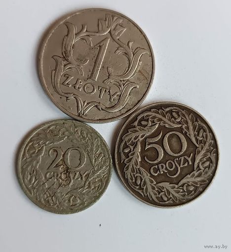 1 злотый 1929  Rzeczpospolita Polska 1929 плюс 20 и 50 грошей 1923