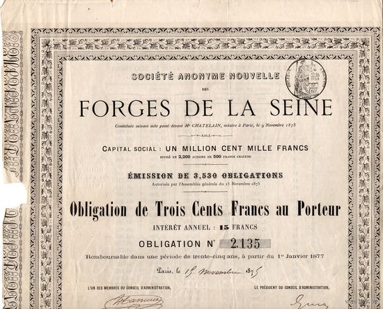Облигация компании DES FORGES DE LA SEINE (Кузницы Сены), Париж, 1875 г.