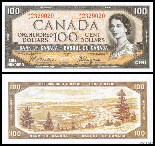 [КОПИЯ] Канада 100 долларов 1954г. (серия: Devil Face) водяной знак