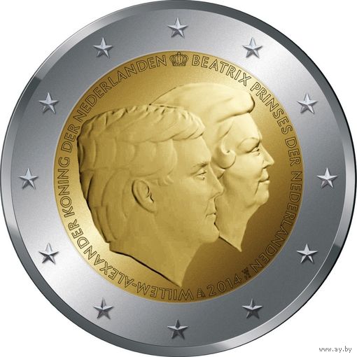 2 евро 2014 Нидерланды Двойной портрет: Король Виллем-Александр и принцесса Беатрикс UNC  из ролла