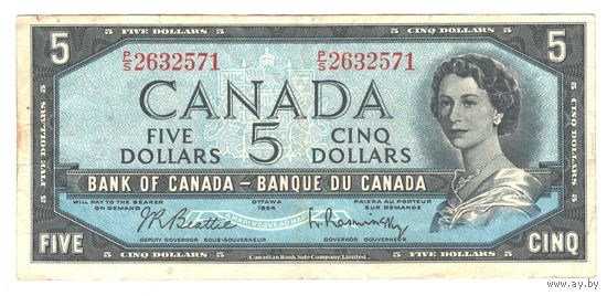 Канада 5 долларов 1961 года. Подпись Beattie & Rasminsky. Тип Р 77b. Состояние XF