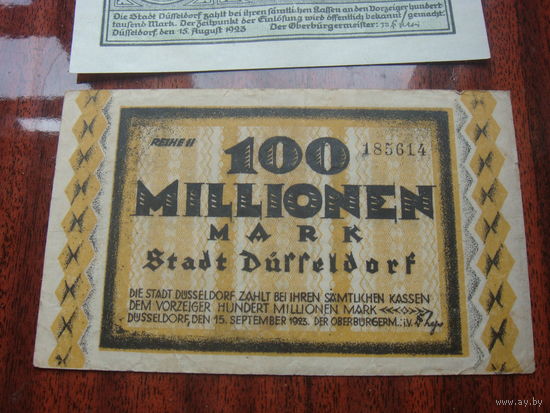 ГЕРМАНИЯ 100 000 000 марок DUSSELDORF  1923  Нотгельд  Веймарская республика  Гроссгельд