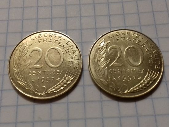 Франция 20 сантимов 1997 две монеты одним лотом
