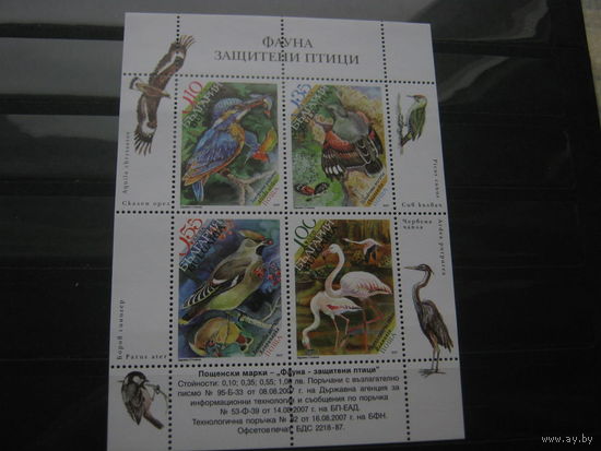 Марки - Болгария 2007 блок фауна птицы - дятел, фламинго, зимородок, цапля и др. - рыбы