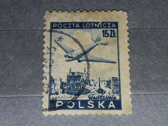 Польша 1946 Стандарт. Авиапочта. Самолет над Варшавой.