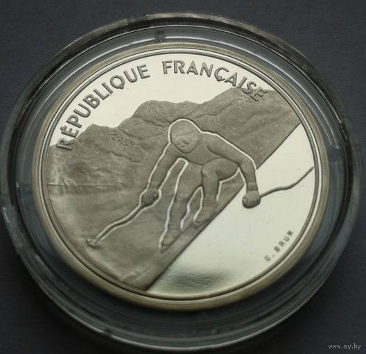Франция 100 франков 1989 г. Олимпиада в Альбервиле - слалом. Proof. Серебро. в коробочке подарочной..