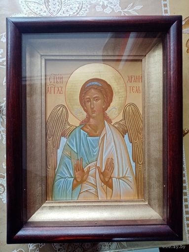 Рукописная икона с киотом "Ангел хранитель", 22х28х8см.  яичная темпера, левкас, золочение