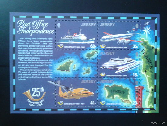 Джерси 1994 25 лет независимой почты, карты островов, транспорт Блок** Михель-6,5 евро