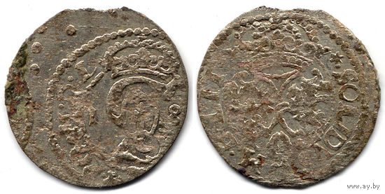 Шеляг 1618, Сигизмунд III Ваза, Вильно. Интересный брак чеканки в вальцах - виден оттиск другой монеты