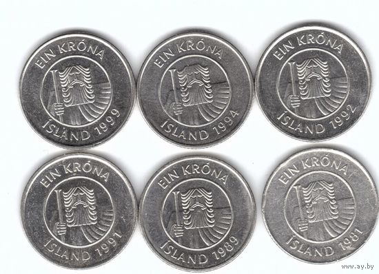 Исландия 1 крона 1981-99 без повторов по годам набор 6 монет