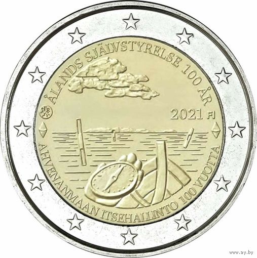 2 Евро Финляндия 2021  100 лет самоуправления на Аландских островах  UNC из ролла