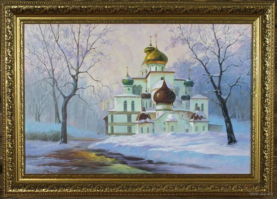 Картина маслом "Зимний день у церкви" 40*60см