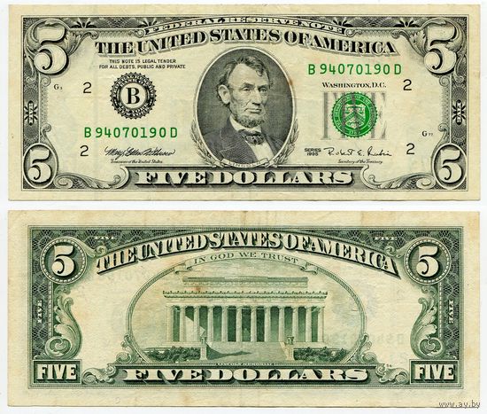 США. 5 долларов (образца 1995 года, B, Нью-Йорк, P498)