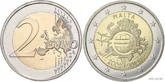2 евро 2012 Мальта  10 лет наличному обращению евро. UNC из ролла