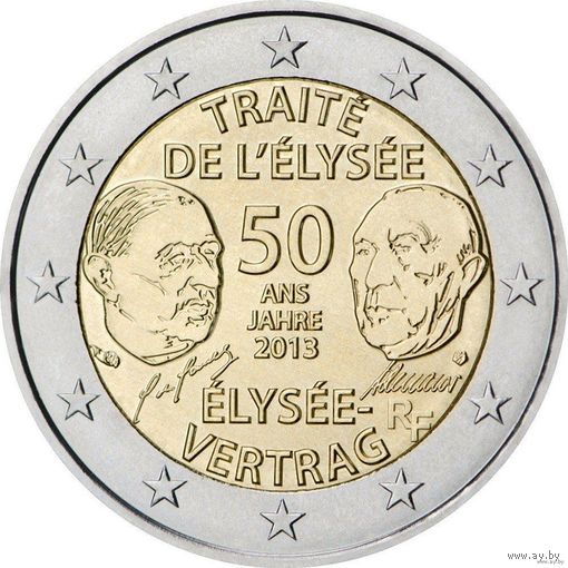 2 евро 2013 Франция 50 лет франко-германскому договору о дружбе и сотрудничестве  UNC из ролла