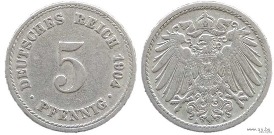 YS: Германия, Рейх, 5 пфеннигов 1904A, KM# 11 (2)