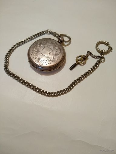 Старинные серебряные карманные часы C.FLEURY на серебряной цепочке с заводным ключом.На ходу.Вторая половина XIX века.