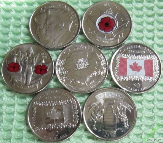 Канада 25 центов 7 штук UNC 2005 ветераны,2008 мак,2010 солдат,2015 мак, 2015 флаг(2 шт),2017 хоккей