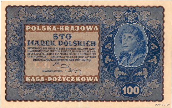 Польша, 100 польских марок, 1919 г. XF-aUNC