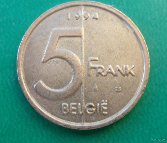 5 франков Бельгия 1994 г.в. Надпись на голландском - 'BELGIE'.