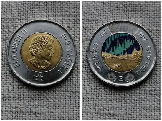 Канада 2 доллара 2017 / 150 лет Конфедерации Канада - Полярное сияние, Цветное покрытие / Би-металл