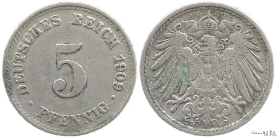 YS: Германия, Рейх, 5 пфеннигов 1909D, KM# 11 (1)