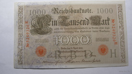 Германия Ro45е. 1000 марок 1910 г. (Печать красная. 7 цифр в номере. Волокна защиты - синие )