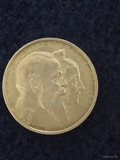Монета 2 марки золотая свадьба Баден 1906