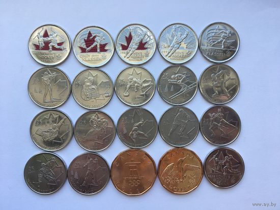 Набор из 20 монет Канады. 18 х 25 центов + 2 x 1 доллар. Олимпиада Ванкувер 2010. UNC