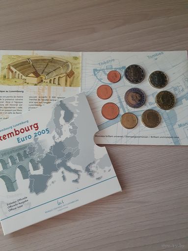 Люксембург 2005 год. 1, 2, 5, 10, 20, 50 евроцентов, 1, 2 евро и 2 евро юбилейные 2005 года . Набор монет в BU буклете.